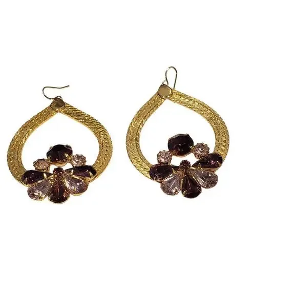 Vintage Gold Tone Dangle Earrings Teardrop Chain Purple Rhinestone Floral - Picture 6 of 9